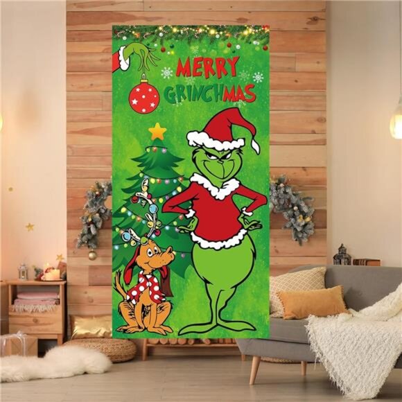 Merry Grinchmas Door Cover, Christmas‎ Porch Welcome Banner for Indoor/Outdoor - Picture 4 of 8